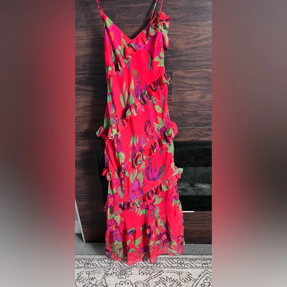 Nasty Gal Red Floral Ruffle Chiffon Maxi Dress Size 6 - Picture 3 of 7